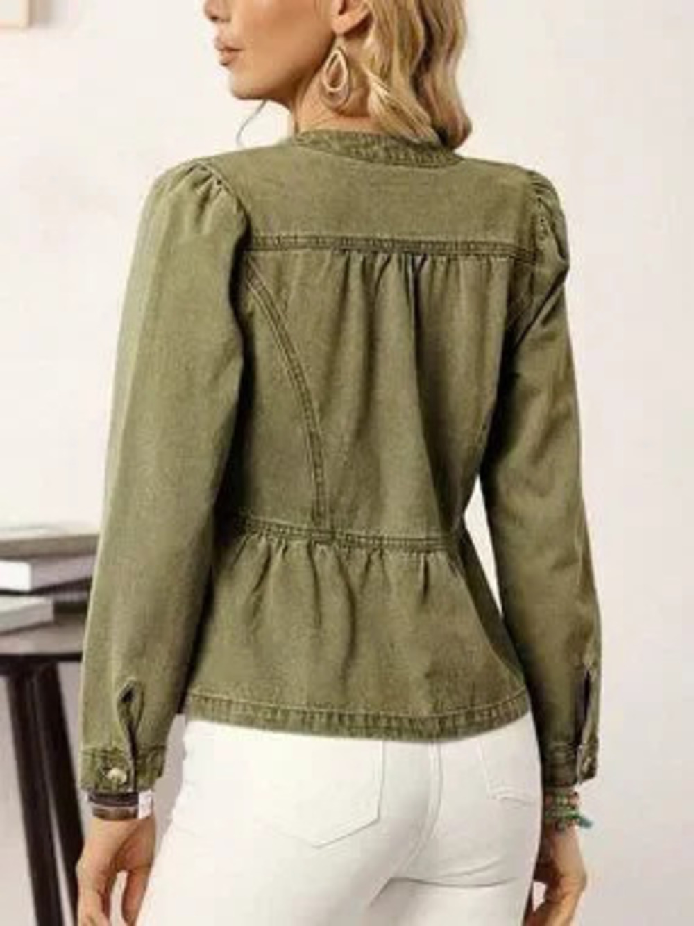 Army Green Casual Women's Long Sleeve Single-Breasted Ruffle Hem Denim Jacket